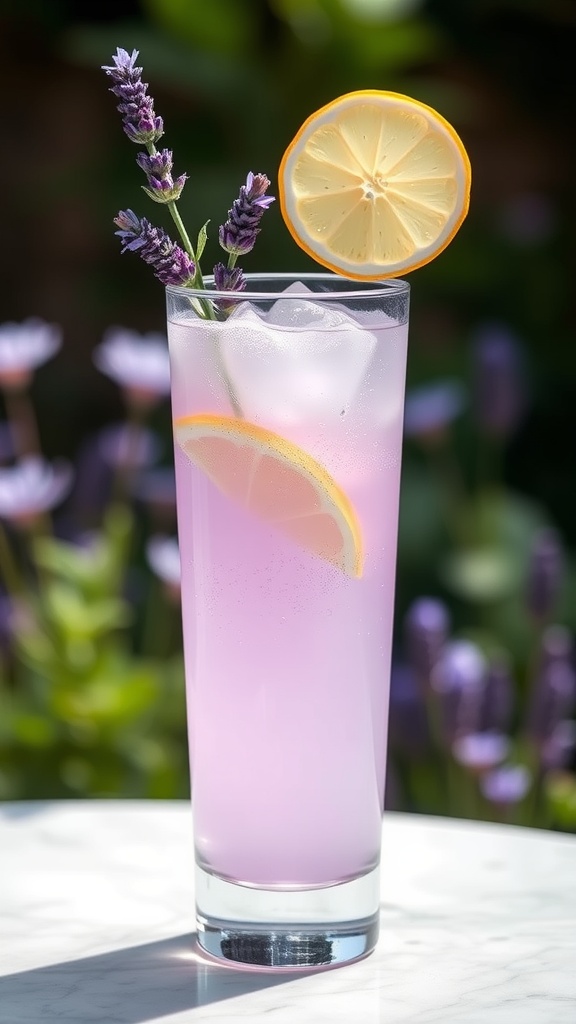 Lavender Gin Fizz cocktail in a tall glass with lavender sprig and lemon slice, bright summer garden backdrop.